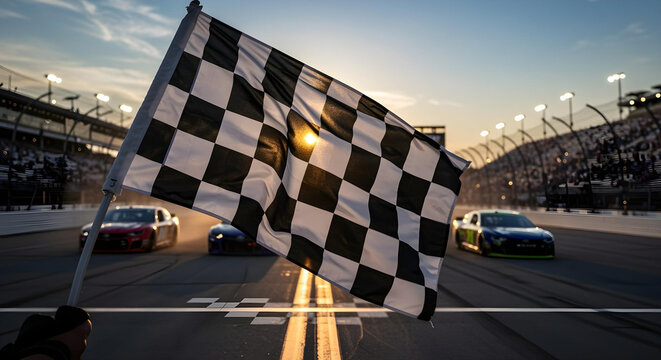 Checkered flag waves as NASCAR cars race to the finish under sunset light.