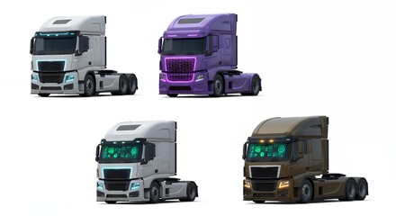 Four colored semi trucks