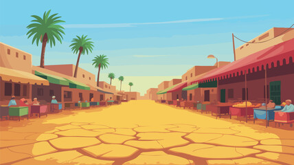 Illustration Vector SVG Scene of Market Street with Palm Trees in Modern Flat Style Bright Colors