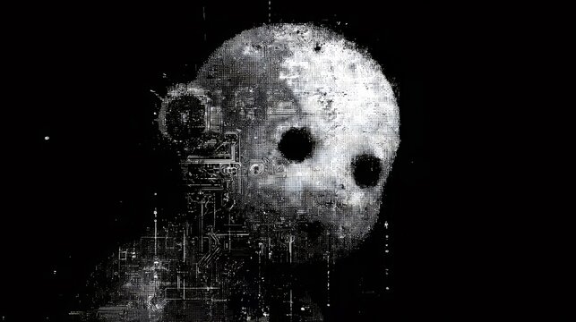 Digital art depicting a scary glitching robot head. Artificial intelligence concept of consciousness and cyber horror.