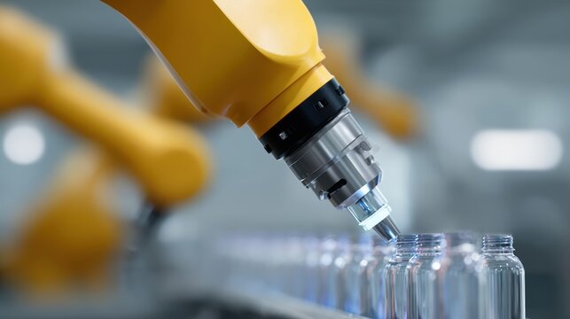 Close-up of robotic arm assembling products