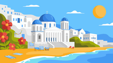 Vector SVG Illustration of Greek Island Scene with Church Blue Domes and Floral Elements in Modern Flat Style