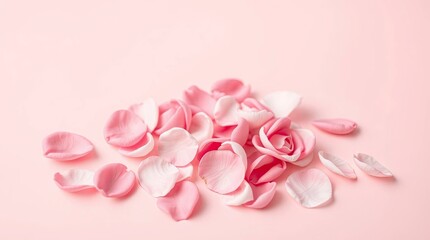 Pink  white petals are scattered creating a delicate floral arrangement on a soft pink surface
