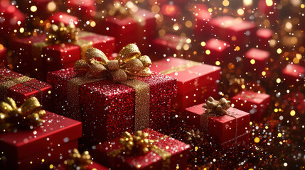 Red gift boxes with a large golden bow illuminated with warm holiday lights on a red background.