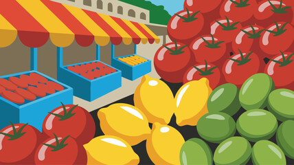Vector SVG Illustration of Fruit Market Scene with Tomatoes Lemons and Green Veggies in Flat Design Style Colorful Market Scene