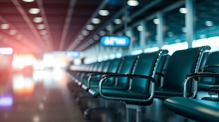 Row of empty airport seats sleek black in a blurred terminal daylight filtering