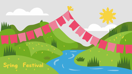 Vector SVG Illustration of Spring Festival Landscape with Mountains Trees and Stream in Flat Modern Style