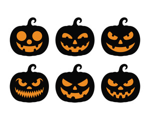 Set of six black Halloween pumpkins with glowing carved faces. Spooky and funny jack-o-lantern vector icons.