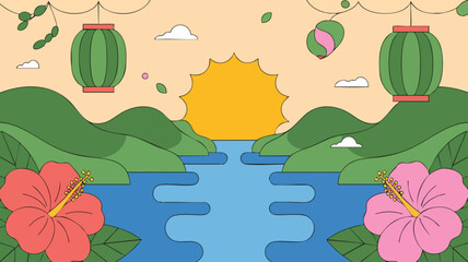 Flat Vector SVG Illustration of Tropical Landscape with Vibrant Flowers and Lanterns in Modern Minimalist Style