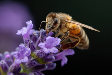 Macro shot of a bee collecting nectar from a lavender flower