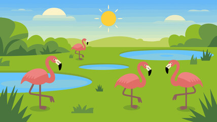 Vector SVG Illustration of Flamingos in Nature Scene with Sun and Ponds in Flat Minimalist Style with Bright Colors