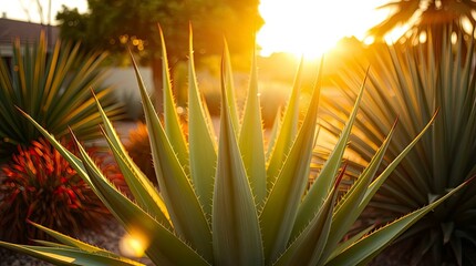 Sunlit agave plant with sharp spiked leaves backlit by a bright sunset Other desert flora visible