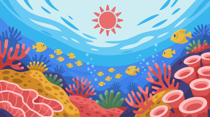 Vector Vivid Colorful SVG Illustration of Underwater Coral Reef Scene with Fish and Sun in Flat Geometric Style