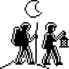 Fototapeta premium Hikers exploring at night with lantern under crescent moon retro pixel art backpackers trekking dark landscape adventure