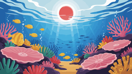 Vector Colorful Ocean Scene SVG Illustration with Coral Reefs and Fish in Flat Design Style
