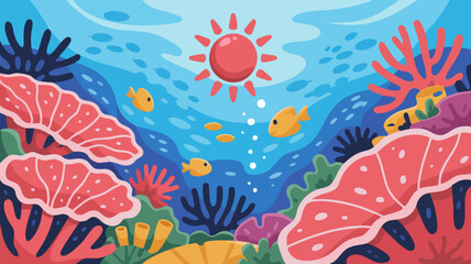 Vector Colorful Coral Reef SVG Illustration Featuring Underwater Marine Life in Flat Geometric Style