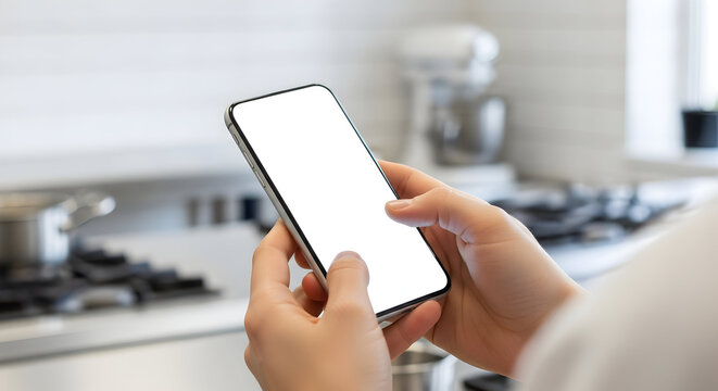 Modern Smartphone Mockup in Kitchen Hands Holding Blank Screen App Design Technology Mobile Phone Device Interface User Experience UI UX