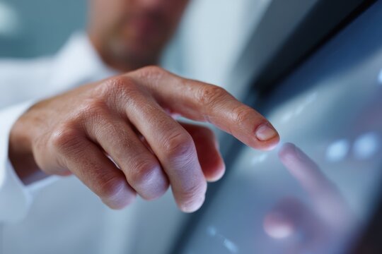 Person interacting with futuristic smart home control panel on a touchscreen