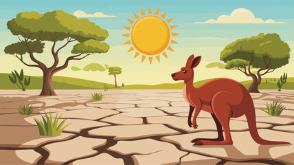 Flat Vector SVG Illustration of Kangaroo in Arid Landscape with Sun and Trees in Modern Minimalist Style