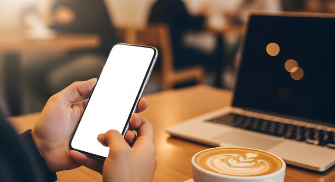 Person using smartphone with blank screen in a coffee shop near laptop and latte art coffee