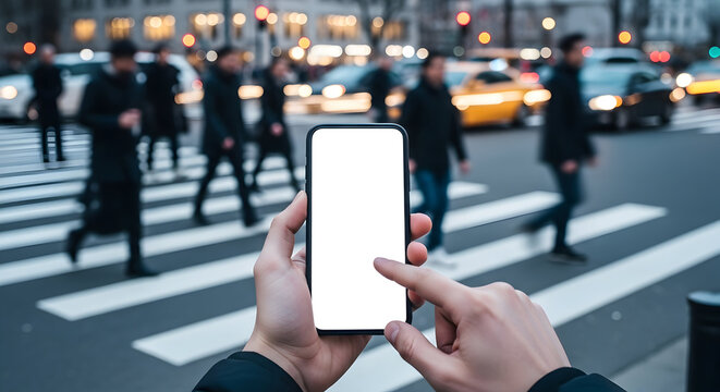 Person using smartphone with blank screen in busy city street urban background modern technology mobile app interface design website template