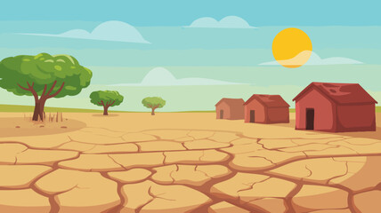 Minimalist Vector SVG Illustration of Drought-Stricken Land with Trees and Houses in Flat Design Style Featuring Earth Tones and Bright Sky Colors