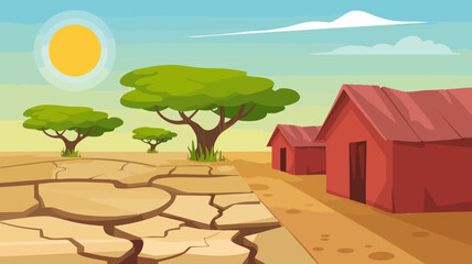 Minimalist Vector SVG Illustration of Dry Land and Trees in Flat Modern Style with Warm Earth Tones and Bright Sun