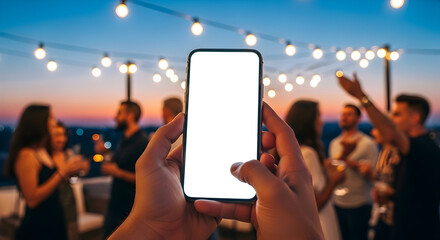 Blank smartphone screen mockup at rooftop party summer night event celebration friends gathering happiness joy nightlife social media mobile phone app technology advertising