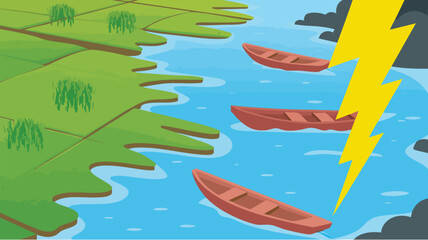 Vector SVG Illustration of Stormy River Scene with Boats and Lightning in Flat Modern Style