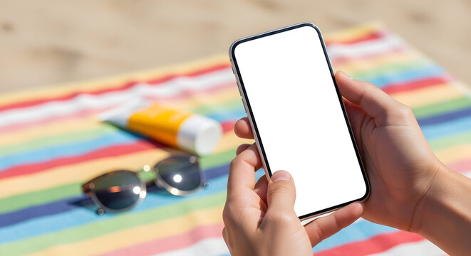 Summer Beach Vacation Mockup Blank Smartphone Screen Sun Tanning Sunglasses Relaxation Travel Holiday Tropical Seashore Mobile Phone App UI UX Design Template - Powered by Adobe
