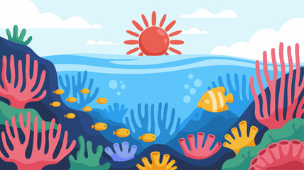 Vector Colorful Underwater Scene SVG Illustration with Coral Fish and Sun in Flat Geometric Style