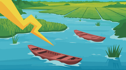 Minimalist Vector SVG Illustration of River Scene with Canoes and Lightning in Flat Design Style