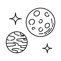 Simple line drawing of planets and stars in outer space