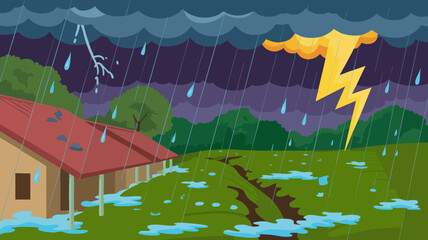 Minimalist Vector SVG Illustration of Stormy Weather with House and Lightning in Flat Design Style with Dark Clouds and Rain