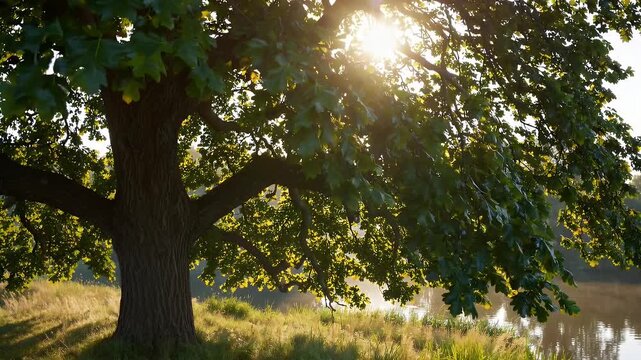 glossy green oak leaves shimmer under dappled sunlight as gentle ripples reflect their shapes on the surface of a calm river creating peaceful nature visuals perfect for forest themed content