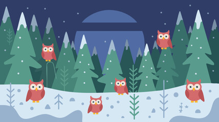 Vector SVG Illustration of Night Forest Scene with Owls in Modern Flat Style with Green and Blue Colors