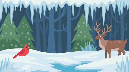 Vector SVG Illustration of Forest Scene with Deer and Bird in Modern Flat Style Featuring Green Trees and Blue Icicles for Web and Digital Media
