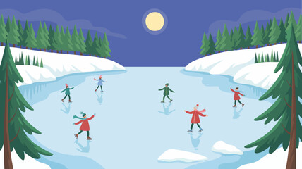 Illustration of people ice skating on a frozen lake in a winter landscape in flat modern style SVG vector illustration