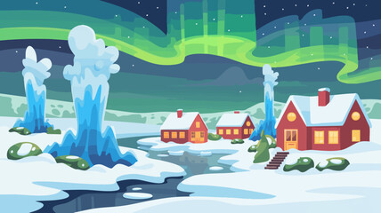 Vector SVG Illustration of Snowy Village with Aurora Borealis in Flat Modern Style