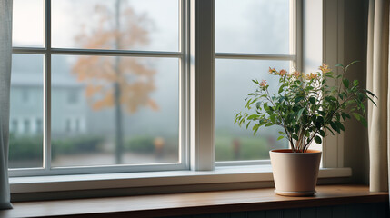 Fototapeta premium A peaceful interior setting featuring potted green plants placed on a windowsill with soft natural light streaming through. 