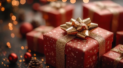 Beautifully packaged red gift boxes with a large gold bow illuminated by warm holiday lights in the background.