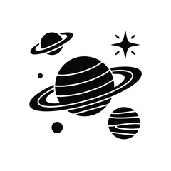 Stylized black and white illustration of planets and stars in outer space
