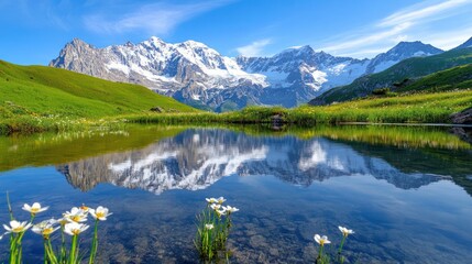 Serene alpine landscape mirroring snow-capped peaks in crystal clear lake water