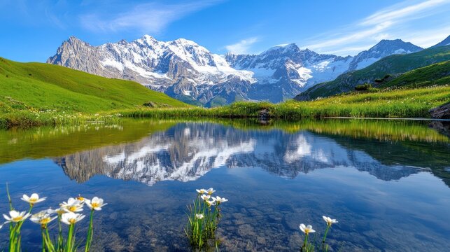 Serene alpine landscape mirroring snow-capped peaks in crystal clear lake water