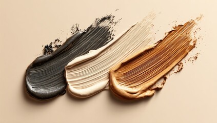 Three makeup foundation swatches in varying shades of beige, tan, and dark brown, applied in a streaked pattern on a neutral beige background