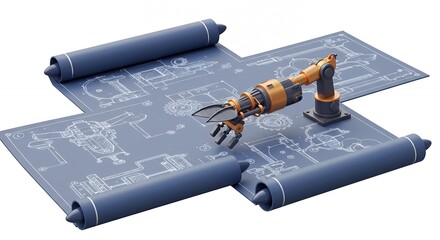 Robotic arm over blueprints for engineering design illustration