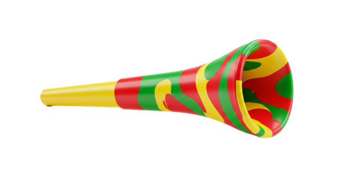 A colorful party horn with yellow, red, and green swirls isolated on a black background render on transparent background