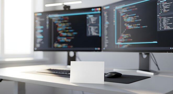 Clean business card mockup on a modern desk with dual monitors showing code. Ideal for showcasing branding and design. Perfect for tech, startup, or creative professionals. - Powered by Adobe