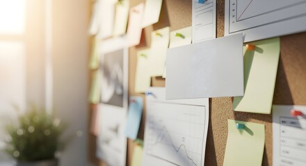 Clean business card mockup on a corkboard with notes. Perfect for showcasing designs and concepts in a professional and organized setting.