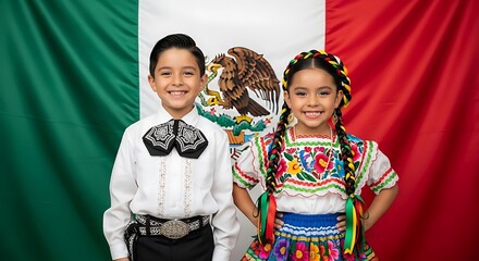Adorable Hispanic children in traditional folkloric costumes celebrating Mexican culture in front of a flag.